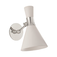Load image into Gallery viewer, Liam Small Articulating Wall Light in Polished Nickel/Matte White.
