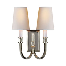 Load image into Gallery viewer, Modern Library Double Wall Light in Polished Nickel.
