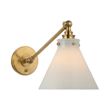 Load image into Gallery viewer, Parkington Swing Arm LED Wall Light in Single Arm/Antique-Burnished Brass/White Glass.
