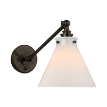 Load image into Gallery viewer, Parkington Swing Arm LED Wall Light in Single Arm/Bronze/White Glass.
