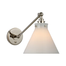 Load image into Gallery viewer, Parkington Swing Arm LED Wall Light in Single Arm/Polished Nickel/White Glass.
