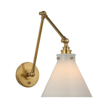 Load image into Gallery viewer, Parkington Swing Arm LED Wall Light in Double Arm/Antique-Burnished Brass/White Glass.
