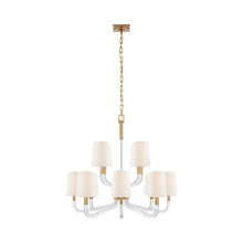 Load image into Gallery viewer, Reagan Chandelier in Antique-Burnished Brass and Crystal/Linen Shades (Medium).
