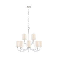 Load image into Gallery viewer, Reagan Chandelier in Polished Nickel and Crystal/Linen Shades (Medium).
