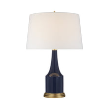 Load image into Gallery viewer, Sawyer Table Lamp in Midnight Blue Porcelain/Linen.
