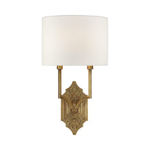 Load image into Gallery viewer, Silhouette Fretwork Wall Light in Hand-Rubbed Antique Brass/Linen.
