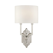 Load image into Gallery viewer, Silhouette Fretwork Wall Light in Polished Nickel/Linen.
