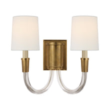 Load image into Gallery viewer, Vivian Double Wall Light in Hand-Rubbed Antique Brass/Linen.
